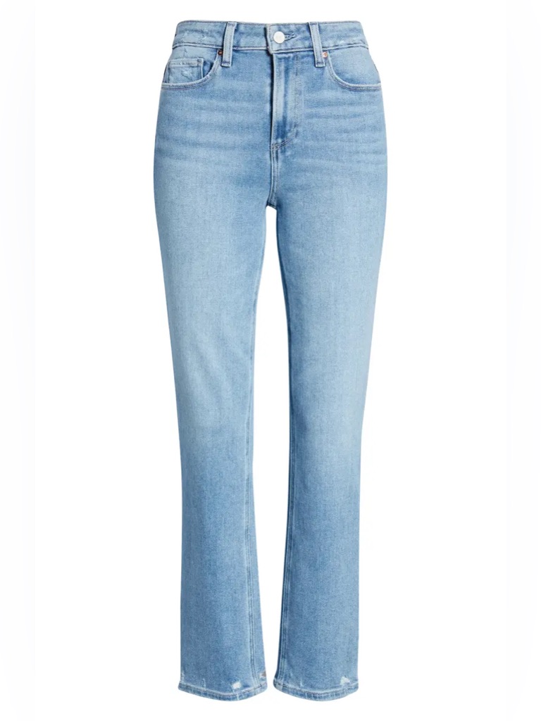 Paige Cindy High Waist Straight Leg Jeans Lovesong Distressed Hem Light Wash 28